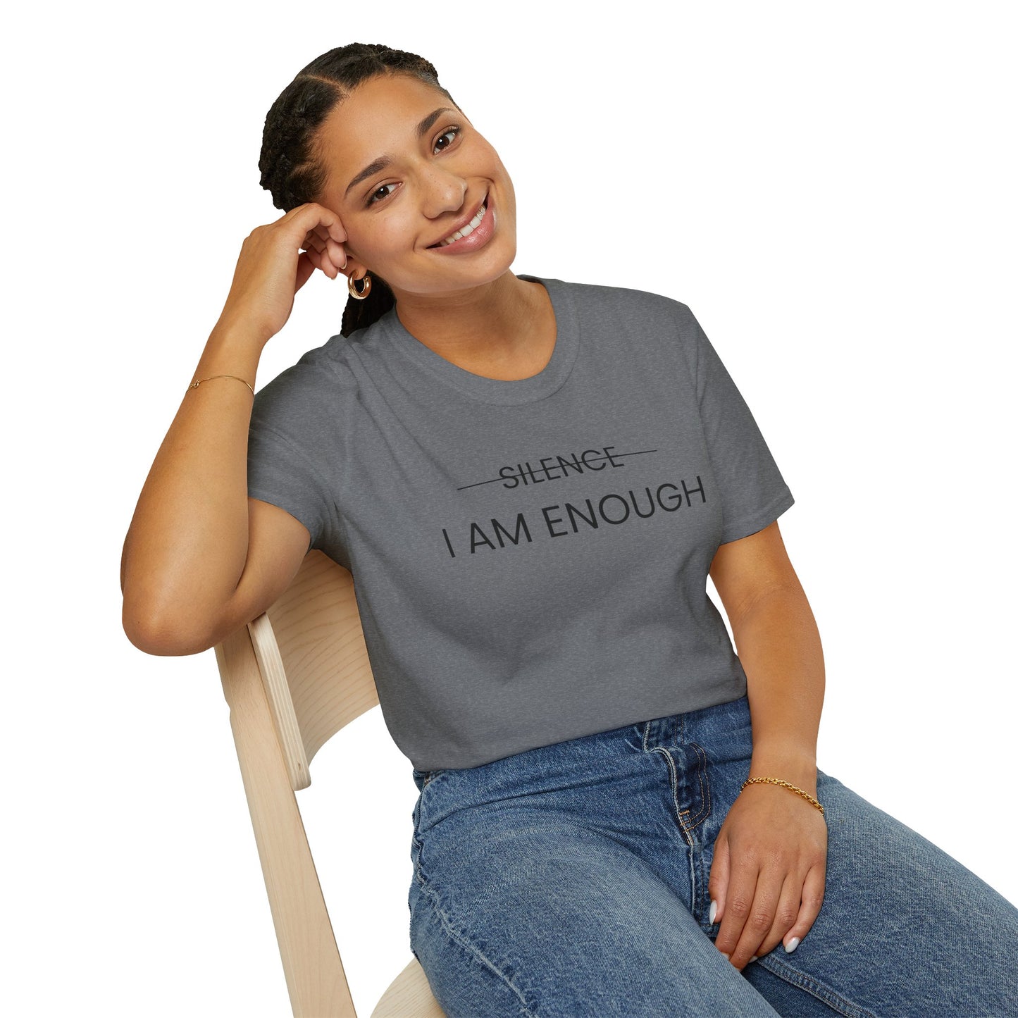 Empowering Message T-Shirt – 'Silence I Am Enough' Unisex Softstyle Tee (Black Letter)